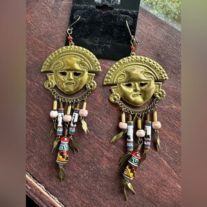 Vintage Gold Tribal Face Dangle Earrings
